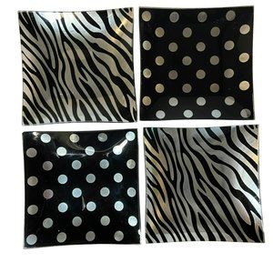 Decorative Plates Black & Silver Pattern Holiday New Years Eve Set of Four